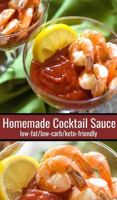 homemade cocktail sauce with shrimp and lemon served in glass bowls