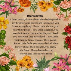 a poem written by dear jehovah with flowers and leaves on the bottom