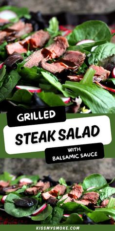 grilled steak salad with balsamic sauce is shown on the cover of this cookbook