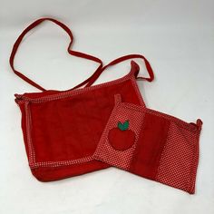 Vintage Fabric Purse Shoulder Bag Red with interior Polka Dots with separate Cosmetic bag with an applique apple on it. super Sweet Girls Teen early 80s late 70s. CONDITION: Pre-Owned Fabric Purse, Red Apples, Fabric Purses, Super Sweet, Red Apple, Sweet Girls, Vintage Fabric, Apples, Cosmetic Bag