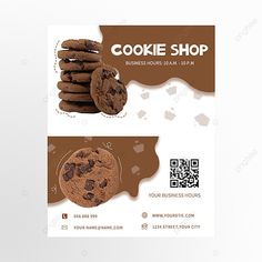 a cookie shop flyer with chocolate chip cookies on the front and back side, along with qr code