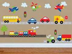 a wall with cars, trucks and planes on it