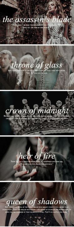 a series of different types of text on a black and white background with the words queen of shadows