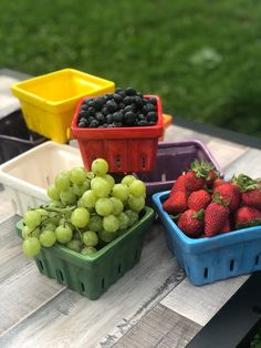 four plastic containers filled with grapes and strawberries