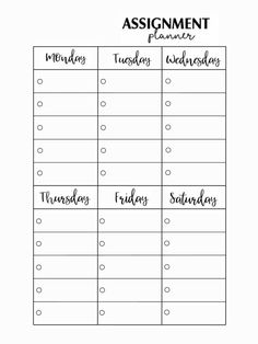 the printable assignment planner is shown in black and white, with handwritten writing on it