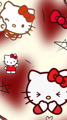 an image of hello kitty wallpapers in red and white colors with hearts on them