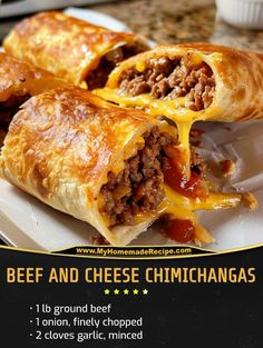 an advertisement for beef and cheese chimichangas on a plate with other food items