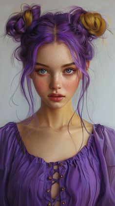 a painting of a woman with purple hair and two buns on her head, wearing a purple blouse