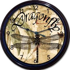 a clock with the words dragonfly on it's face and an image of a dragon