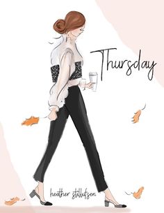 a drawing of a woman walking down the street with her hand in her pocket and holding a glass of wine