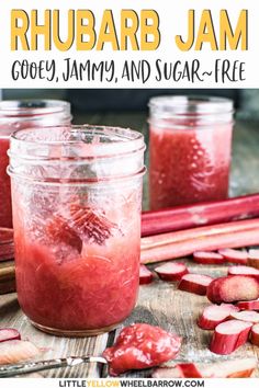 rhubarb jam in a jar with strawberries on the side