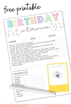 a free printable birthday interview sheet with the words, happy birthday written on it