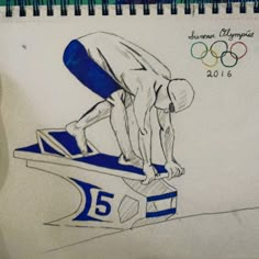 a drawing of a man on a skateboard in front of the olympic logo is shown