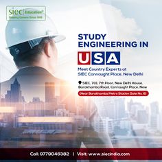 a man wearing a hard hat in front of a cityscape with the words study engineering in usa