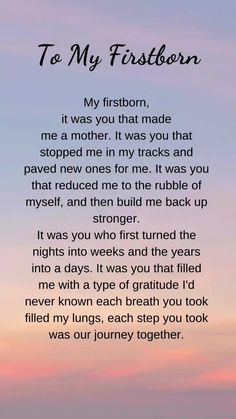 the poem to my firstborn is shown in front of an image of a sunset