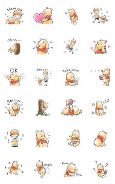 winnie the pooh stickers on a white background, with different expressions and phrases