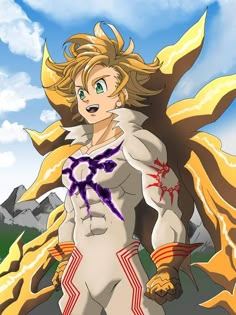 an anime character with blonde hair and blue eyes standing in front of a sky background