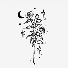 a black and white drawing of flowers on a pole with the moon in the background