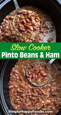 slow cooker pinto beans and ham in a crock pot with text overlay