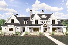 a rendering of a large white house with black roof and two story dormer windows