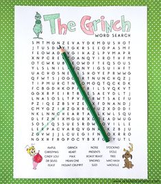 the grin word search is shown on a green background with polka dot dots and a pencil