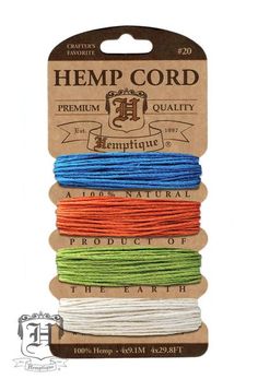 hemp cord in assorted colors and sizes on a white background with a brown tag