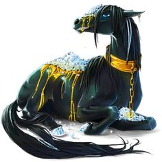 a statue of a black horse with gold chains on it's head and tail