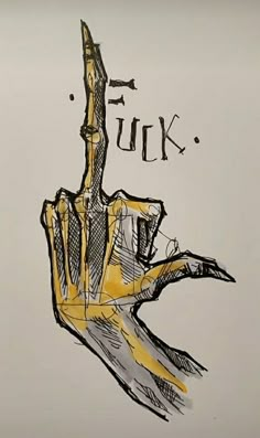 a drawing of a hand holding a knife with the word fork written in black ink