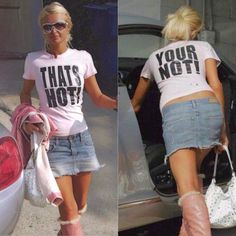 two pictures of a woman in short shorts and t - shirt with the words that's not on it