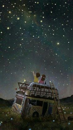 two people sitting on top of a bus under the stars in the sky above them