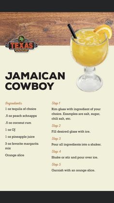 a menu with an orange drink in a glass on top of a wooden table next to a sign that says, jamaican cowboy