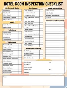 the hotel inspection checklist is shown in this file, and it contains information for each room