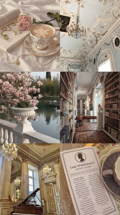 the interior of an old house with flowers and chandeliers