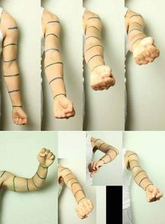 multiple images of different arms and hands with tape wrapped around the arm, from top to bottom