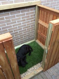 a black dog is laying down in the grass inside a wooden enclosure with artificial turf