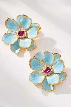 The Pink Reef Hand-Painted Earrings | Anthropologie Colorful Statement Earrings, Elegant Turquoise Hand Painted Jewelry, Hand Painted Turquoise Elegant Jewelry, Anthropology Earrings, Elegant Hand Painted Turquoise Jewelry, Peony Earrings, Floral Jewelry, Elegant Hand Painted Drop Flower Earrings, Protea Earrings