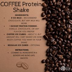 the coffee protein shake is next to some beans