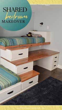 there is a bed with drawers underneath it and the bottom bunk has been made into a desk