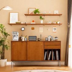 a living room filled with furniture and plants on top of wooden shelving unit units