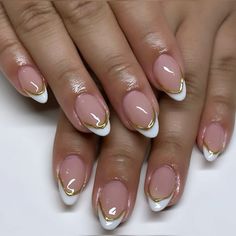 frech tip nails | gold frech tip nails | summer nails White And Gold Tips Nails, Blue Gold French Nails, Golf French Tips Nails, White Tips With Gold Line, French Tip With Gold Accent Nail, Gold Tipped French Nails, White Nail Gold Tip, Gold Nails Acrylic French Tips, White Nail With Gold French Tip