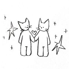 two cats holding hands with stars in the background