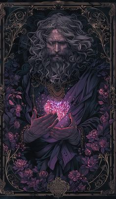 a man with long hair and beard holding a heart in his hands, surrounded by flowers