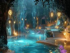 a pool surrounded by trees and lights