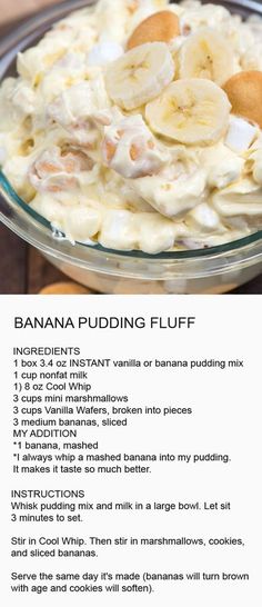 banana pudding fluff recipe in a glass bowl with ingredients on the side and instructions for how to make it