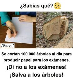 two pictures with words that say, did you know? 100, 000 trees a day are cut to produce examination papers say no to exam save the trees