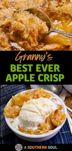 the best ever apple crisp recipe is made with fresh apples and topped with ice cream