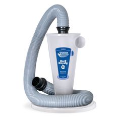 a blue and white vacuum is shown with its hose attached to the top of it