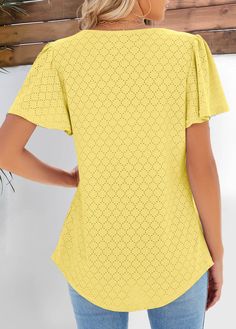 Non-stretch Short Sleeve Blouse For Beach, Short Sleeve Solid Color Beach Tops, Non-stretch Solid Color Beach Top, Non-stretch Crew Neck Top For Beach, Fitted Solid Color Beach Top, Yellow Stretch Solid Color Top, Yellow Solid Color V-neck Top, Summer Hollow Out Short Sleeve Tops, Fitted Hollow Out Casual Tops