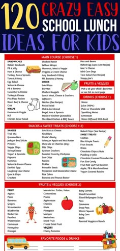 a poster with the words crazy easy school lunch ideas for kids