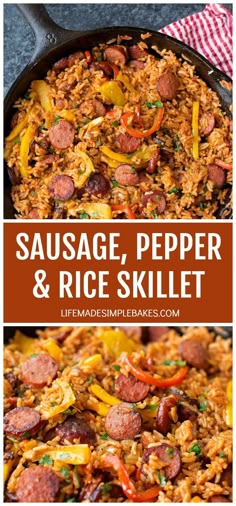 sausage, pepper and rice skillet in a pan